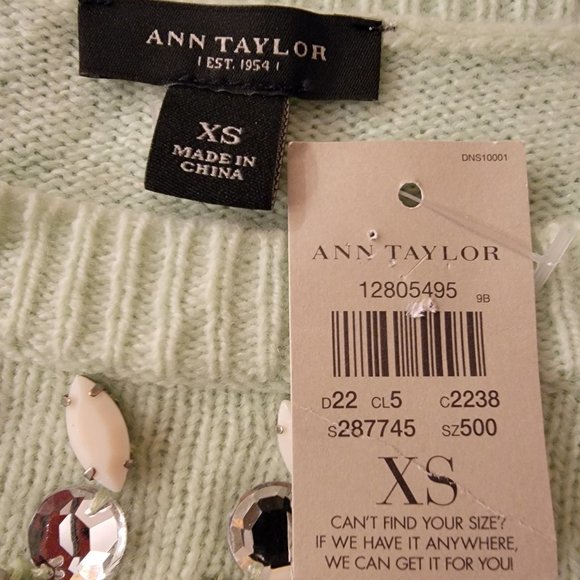 Ann Taylor Rhinestone Beaded Mint Green Sweater, Wool blend, Size XS, NWT - Picture 5 of 14